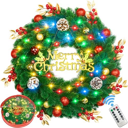 Pre Lit Christmas Wreath with Lights,Lighted Christmas Wreaths for Front Door with 45 Led Battery Operated 8 Modes Remote Control Timer,Indoor Outdoor 18 Inch Artificial Xmas Wreath Decorations