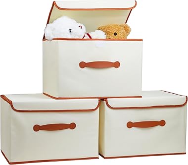 Large 25 Quart Lidded Storage Bins Cubes with Lid & Pu Leather Handle, 3 Pack Fabric Foldable Storage Bin Organizer Basket, C