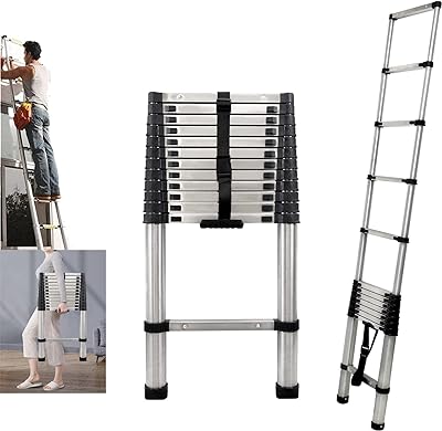 Extension Ladder Telescoping Ladder 12 FT Ladders for Home, Collapsible Ladders Stainless Steel Telescopic Ladder Roof Ladder Rv Ladder, Multi Purpose Compact Ladder Engineering Ladder, 330Lb Capacity