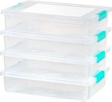 IRIS USA 6 Quart Large Clip Box, 4 Pack, Clear Plastic Storage Container Bins with Latching Lids, Organizing Container for Ho