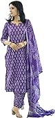 MEERA FAB Women's Cotton Printed Straight Kurta With Palazzo & Dupatta Set, Purple XL