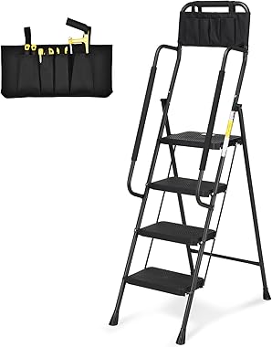 HBTower 4 Step Ladder with Handrails, Folding Step Stool with Wide Anti-Slip Pedal, 330lbs Sturdy Steel Ladder, Convenient Ha
