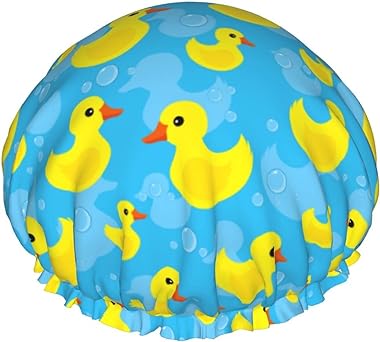 Rubber Duck Shower Cap for Women Reusable Double Layers Waterproof Shower Hair Protector PEVA Lined Shower Hat for All Long H