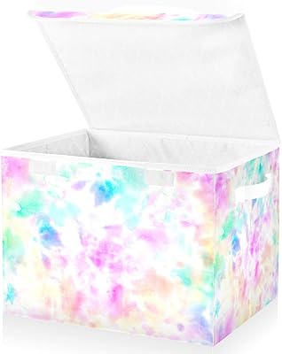 ALAZA Storage Bins Organizer Box Baskets Lidded Clothes for Shelves Closet Tie Dye Colorful Rainbow Collapsible Stackable Storage Cubes Handles