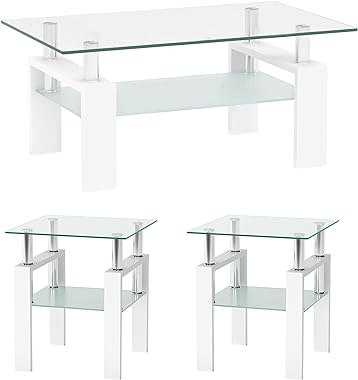 IANIYA Modern Tempered Glass Coffee Table Set - 3 Piece Living Room Table Set - Sleek Design, High Capacity (3, White)
