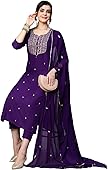 GoSriKi Women's Cotton Blend Embroidered Straight Kurta with Pant & Dupatta (Kasturi Begani-NGT-GS_L_Blue_Large)