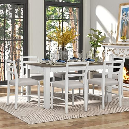 LUMISOL 7 Piece Dining Table Set with 6 Upholstered Chairs, Extendable Kitchen Table with 12" Leaf and 2 Storage Drawers, Mid Century Modern Table and Chairs Set for Kitchen, Dining Room, Brown+White