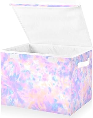 ZOEO Purple with Tie Dye Large Lidded Storage Bin Foldable Storage Boxes Cubes Baskets Lids with 2 Handles for Home Bedroom O