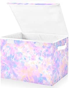 ZOEO Purple with Tie Dye Large Lidded Storage Bin Foldable Storage Boxes Cubes Baskets Lids with 2 Handles for Home Bedroom Office 16.5x12.6x11.8inch