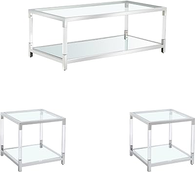 Lasadelgar Silver 3 Piece Tempered Glass Table Set, Modern Acrylic Legs Coffee Table and 2 Side Table with Stainless Steel Frame for Living Room Office
