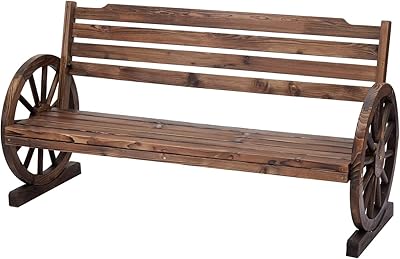 JSUN7 Wooden Outdoor Wagon Wheel Bench - Yard Decorative 3-Person Bench with Backrest Fir Wood Seat Rustic Style for Bench Patio Garden