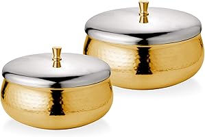 URBAN SPOON Raga Double Walled Stainless Steel Serving Bowl with lid | Storage Bowl Gold Set of 2Pcs - 600 ml | 800 ml