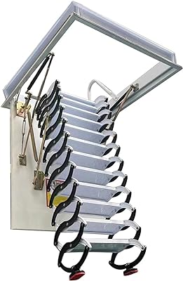 TECHTONGDA Ceiling Attic Loft Ladder, Retractable Pull Down Attic Ladder, 12 Steps Folding Ladder Attic Extension Stairs, 9.84ft Adjustable Height, 660lbs Capacity, 31.5'' x 39.4'', Black + White