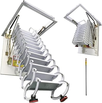 EQCOTWEA 13 Steps Attic Ceiling Ladder Al-mg Alloy Ceiling Attic Folding Extension Ladder 10.5ft Pull Down Retractable Attic Stairs Ceiling-Mounted Step Ladder Pure-White(27.56x39.37in)
