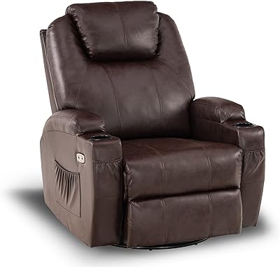 MCombo Manual Swivel Glider Rocker Recliner Chair with Massage and Heat for Adult, Cup Holders, USB Ports, 2 Side Pockets, Faux Leather 8031 (Dark Brown)