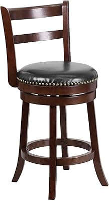 Flash Furniture Ronnie 26'' High Cappuccino Wood Counter Height Stool with Single Slat Ladder Back and Black LeatherSoft Swivel Seat