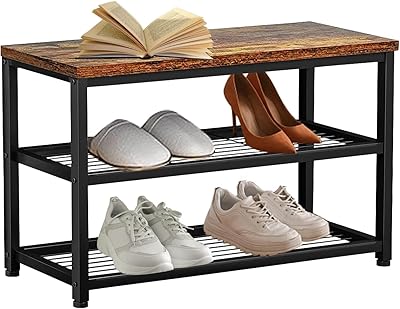 Funshot Shoe Storage Bench, Barrow Entryway Bench with Mesh Shelves Wood Seat, Rustic Foyer 3 Tiers Shoe Rack Bench for Hallway Front Door, Doorway, Living Room, Mudroom, Steel Frame, Rustic Brown