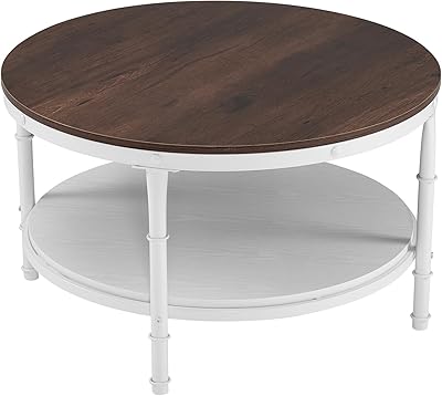 VINGLI 31.5" Rustic Oak White Wood Round Farmhouse Coffee Table, 2-Tier Storage Wood Center Circle Accent Table for Living Room, Bedroom, Apartment, Studio and Small Spaces, Sturdy Metal Frame