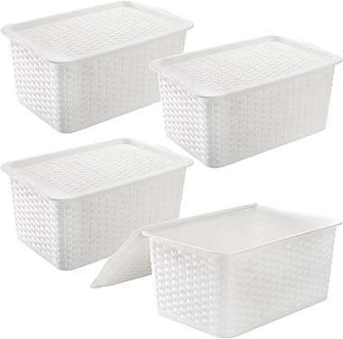 Dicunoy 4 Pack Lidded Storage Bins with Lids, White Stackable Storage Baskets for Shelf, Plastic Pantry Organizer with Handle