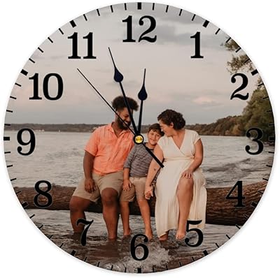 Custom Wall Clock with Picture Image Photo 15 Inch Personalized Rusitc Wooden Clock Farmhouse Home Decor Round Silent Clock Add Your Text Family Name Wedding Anniversary Birthday Gift