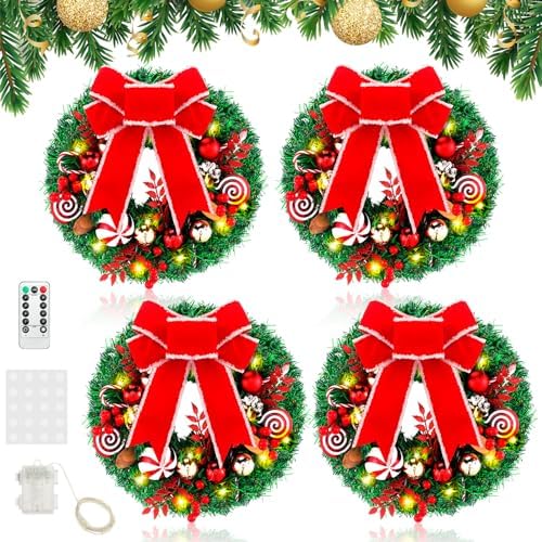 Ceenna 4 Pcs Lighted Christmas Wreaths, 13 Inch Pre lit Artificial Christmas Wreath with Battery Operated LED Light and Timer Light Up Christmas Wreath with Red Bow, Pine for Front Door