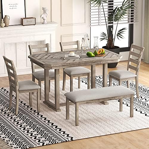 6-Piece Dining Table Set for 6 Rectangular Kitchen Table Set with 4 Chairs and Bench Vintage Dining Room Set with Wood Grain Pattern Tabletop for Kitchen, Dining Room (Grey)