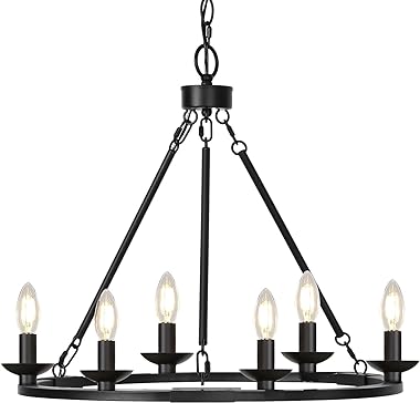 Black Farmhouse Chandelier, 6-Light Wagon Wheel Chandelier with Adjustable Height, Dining Room Light Fixture, Hanging Lights 