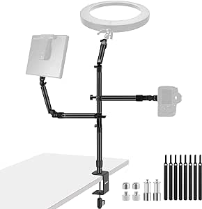 NEEWER Overhead Camera Desk Mount Rig Stand with 2 Boom Arms for Photography Devices: Video Light Ring Light Phone Mount Webcam Mic Compact DSLR for Home Office Studio Live Streaming Broadcast, ST008