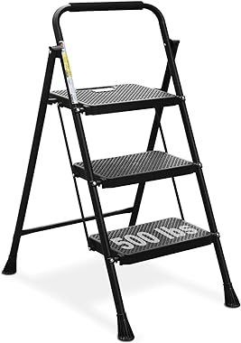 HBTower 3 Step Ladder, Folding Step Stool with Wide Anti-Slip Pedal, 500lbs Sturdy Steel Ladder, Convenient Handgrip, Lightwe