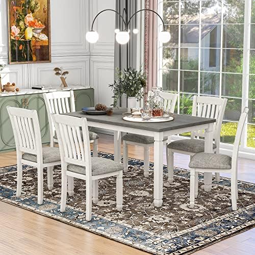 KELRIA 7-Piece Dining Set Wood Rectangular Table and 6 Upholstered Chairs with Shaped Legs for Living Furniture, Guest Room, Home Bar, and Kitchen, Gray+White