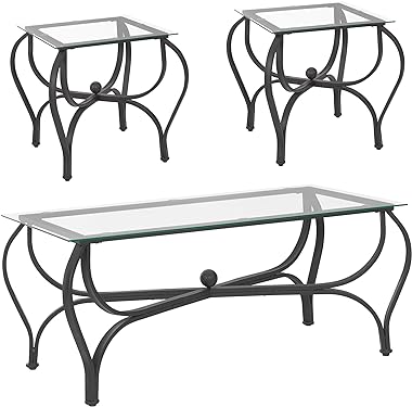 Tempered Glass Coffee Table Set of 3: Industrial Farmhouse Rectangle Table with 2 Square End Side Table - Modern Metal Frame 