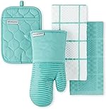 KITCHENAID Quilted Cotton Terry Cloth Oven Mitt, Pot Holder, Kitchen Towel 4-Pack Set, Heat Resistant, Silicone Grip, Gift Set, Aqua Sky, 16"x26", 7"x13" & 7"x10"