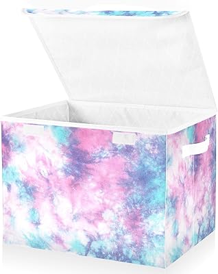 Collapsible Large Storage Bin with Lid, Watercolor Splash Blue Pink Tie Dye Pattern Foldable Storage Cube Box Organizer Basket with Handles, Toy Clothes Blanket Box for Shelves, Closet, Nursery, Playr