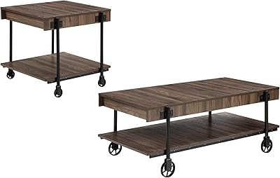 Furniture of America Cleon Industrial Open-Shelf 2-Piece Coffee and End Table Set with Wheels for Living Room, Black and Dark Walnut Brown