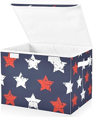DOMIKING Stars Blue Red White Storage Basket with Lid Collapsible Storage Bins Decorative Lidded Storage Boxes for Toys Organ