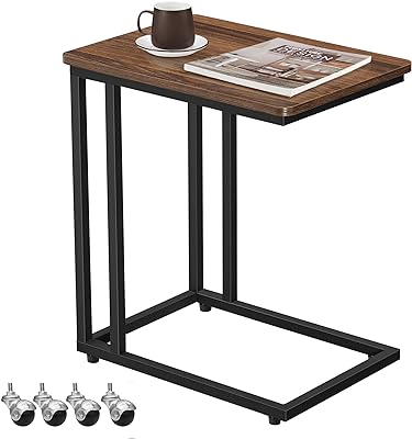 VASAGLE End Table, C Shaped TV Tray with Metal Frame Rolling Casters, Industrial Side Table for Living Room Bedroom, 19.7 x 13.8 x 23.6 Inches, Dark Walnut and Black