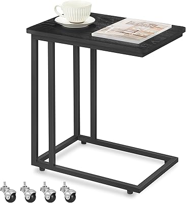VASAGLE End Table, C Shaped TV Tray with Metal Frame Rolling Casters for Coffee Laptop Mobile Tablet, Industrial Side Table for Living Room Bedroom, 19.7 x 13.8 x 23.6 Inches, Ebony Black, ULNT050B56