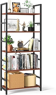 Yoobure 5 Tier Bookshelf - Tall Book Shelf Modern Bookcase for CDs/Movies/Books, Rustic Book Case Industrial Bookshelves Book