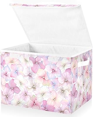 ALAZA Collapsible Large Storage Bin with Lid, Pink Hydrangea Foldable Storage Cube Box Organizer Basket with Handles, Toy Clothes Blanket Box for Shelves, Closet, Nursery, Playroom