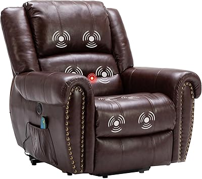 Phoenix Home Power Lift Chair for Elderly Leather Electric Reclining Oversized Sofa with Massage & Heating, USB Ports, Side Pocket, Large, Dark Brown