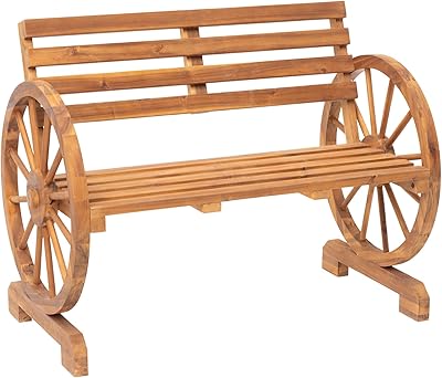 PayLessHere Wooden Wagon Wheel Bench Outdoor Patio Furniture 2-Person Seat Bench for Backyard, Patio Garden Rustic Country Design Wooden Bench w/Slatted Seat and Backrest