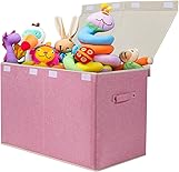 popoly Large Toy Box Chest Storage with Flip-Top Lid, Collapsible Kids Storage Boxes Container Bins for Childrens Toys, Playroom Organizers, 25"x13" x16" (Linen Pink)