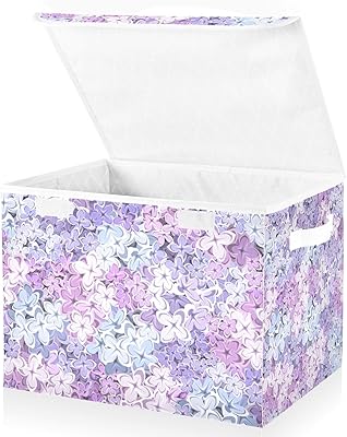 xigua Lilac Purple Floral Storage Bin with Lid, Large Foldable Fabric Storage Box for Living Room, Bedroom, Closet, Dorm, Office