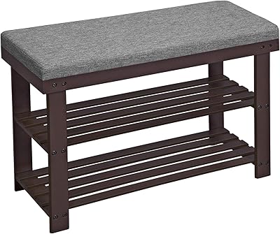 SONGMICS Bamboo Shoe Bench, 3-Tier Shoe Rack, Stable Shoe Organizer for Entryway, Living Room, Bench Seat Holds Up to 330 lb, 11.4 x 28 x 19.3 Inches, Brown and Gray ULBS604CG