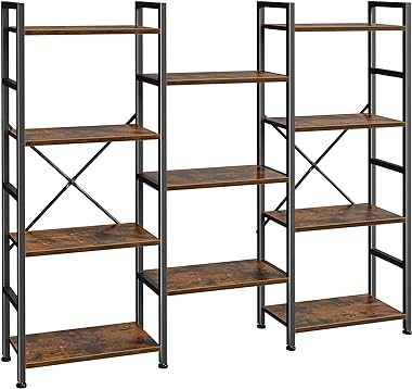 SUPERJARE Triple 4 Tier Bookshelf, Bookcase with 11 Open Display Shelves, Wide Book Shelf Book Case for Home & Office, Rustic