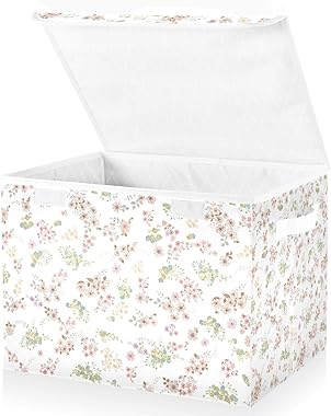 ZOEO Pink Flowers Floral Large Lidded Storage Bin Foldable Storage Boxes Cubes Baskets Lids with 2 Handles for Home Bedroom O