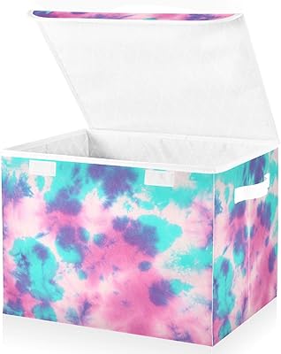 ALAZA Collapsible Large Storage Bin with Lid, Blue Pink Tie Dye Pattern Foldable Storage Cube Box Organizer Basket with Handles, Toy Clothes Blanket Box for Shelves, Closet, Nursery, Playroom