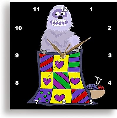 3dRose Wall Clock Silent - 13 inch - Funny Cute Abominable Snowman Quilter Creating Quilt Quilting Cartoon - Sports and Hobbies