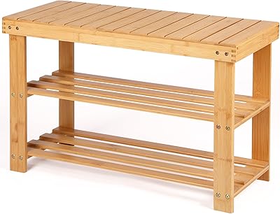 Moyilife Bamboo Shoe Rack Bench, 3 Tier Shoes Storage Bench for Entryway Living Room Bathroom Bedroom (Natural Color)