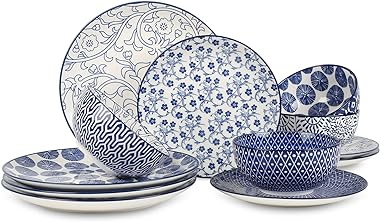 Selamica Ceramic 12-Pieces Dinnerware Sets, Dish Plates and Bowls Sets, Service for 4, Dinner Salad Dessert Plates, and Cerea